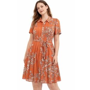 Nanette Lepore Sheer Orange Floral Shirt Dress Pleated Belted Size S
